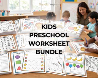 Preschool + Kindergarten Learning Bundle, Printable Activity Worksheets, Toddler Educational Worksheets