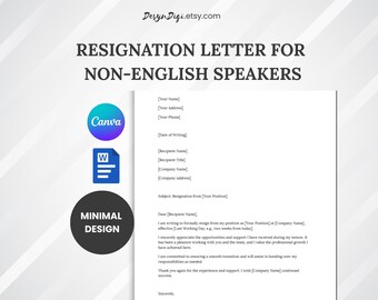 Resign Letter for Non-English Speakers | Easy to understand and edit | Simple Canva and Word file