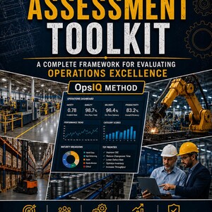 Op de afbeelding: Een boekomslag getiteld Operations Assessment Toolkit door Chuck Albanese. Het ontwerp bevat industriële beelden, waaronder een robotarm, een magazijn en een digitaal dashboard met statistieken, met vijf iconen aan de onderkant.