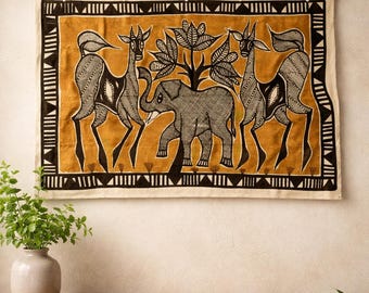 Tapiz mural tribal africano grande / Tapiz de pared con elefantes y antílopes / Decoración étnica bohemia / Arte textil de estilo artesanal