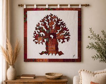 Tapiz de pared vintage del Árbol de la Vida, arte mural de tela boho, textil decorativo grande, decoración rústica para el hogar, arte de tela colgante hecho a mano