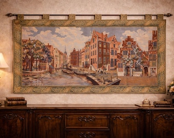 Vintage europäischer gewebter Wandteppich, niederländische Kanal-Stadtbild-Wand-behängende Kunst