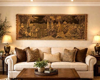 Vintage Medieval Scene Tapestry Wall Hanging, Large Rustic European Fabric Art