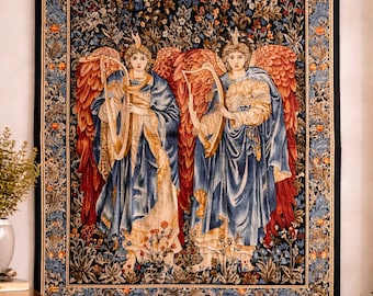 Medeltida ängeltapet, väggbonad med gotiska änglar, konstdekor med vintageväv, stor bohemisk väggdekor