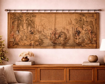 Vintage European Scenic Tapestry Wall Hanging, Venetian Scene Jacquard Woven Textile, Antique Style Wall Decor for Living Room