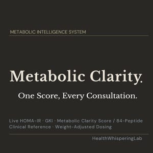 Può includere: Un grafico informativo grigio scuro con il testo Metabolic Intelligence System, Metabolic Clarity, One Score, Every Consultation, Live HOMA-IR, GKI, Metabolic Clarity Score, 84-Peptide Clinical Reference, Weight-Adjusted Dosing e HealthWhisperingLab.
