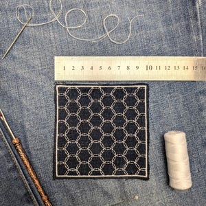 Upcycled Denim Sashiko Boro Patch – Machine Embroidered Jeans Repair Patch for Visible Mending & Boro Style. Sew on patch.