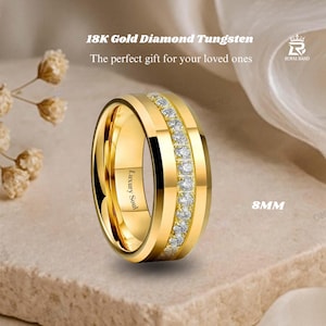 Anillo de oro de 18k con carburo de tungsteno, incrustaciones de diamantes CZ, alianza de boda de 8 mm de ajuste cómodo.
