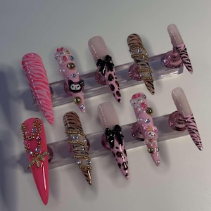 Könnte beinhalten: Eine Sammlung von zehn langen Kunstnägeln in verschiedenen Designs. Die Nägel weisen rosa, braune und schwarze Muster auf, darunter Zebrastreifen und Leopardenflecken, sowie dekorative Elemente wie Schleifen, Edelsteine und Cartoonfiguren. Jeder Nagel ist auf einem transparenten Ständer ausgestellt.
