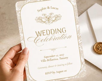 Elegant Gold Wedding Invitation Template, Luxury Editable Invite, Romantic Minimal Wedding Card, Instant Download