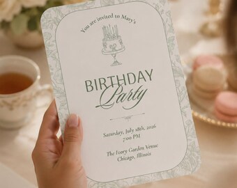 Soft Green Birthday Card Template, Elegant Rustic Celebration Design, Editable Canva Party Suite