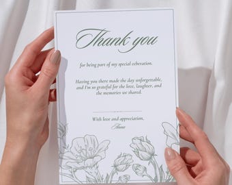 Boho Rustic Thank You Card Template, Dark Green Floral Birthday (Instant Download)