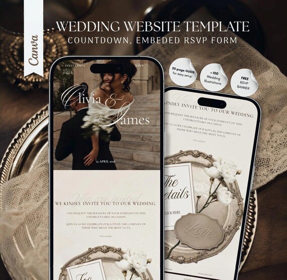 Old Money Luxury Wedding website, Canva Editable, Modern Save the Date, RSVP and Countdown