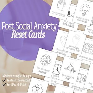 Puede incluir: Un conjunto de tarjetas blancas con ilustraciones en negro y texto, tituladas "Post Social Anxiety Reset Cards". Las tarjetas presentan ilustraciones y frases relacionadas con la salud mental. Diseño moderno y sencillo.