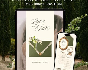 Olive Green Save the Date Website Template | Digital Wedding Invitation with RSVP | Instant Download