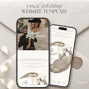 Classic luxury wedding website template displayed on an elegant silver plate with delicate pearls, lace and refined wedding stationery. Editable Canva digital wedding invitation with RSVP and countdown, featuring a timeless sophisticated aesthetic for an elegant luxury wedding.