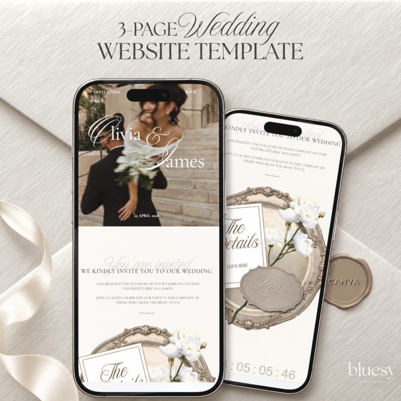 Classic luxury wedding website template displayed on an elegant silver plate with delicate pearls, lace and refined wedding stationery. Editable Canva digital wedding invitation with RSVP and countdown, featuring a timeless sophisticated aesthetic for an elegant luxury wedding.