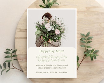 Mother's Day Flower Invitation Template, Sage Beige Botanical Design (Canva Download)