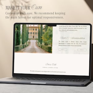 May include: A laptop screen displaying a website template with the text MAKE IT YOUR Own, Customize with ease. We recommend keeping the main layout for optimal responsiveness. The screen shows a villa image, Travel & Accommodation, and Dress Code.