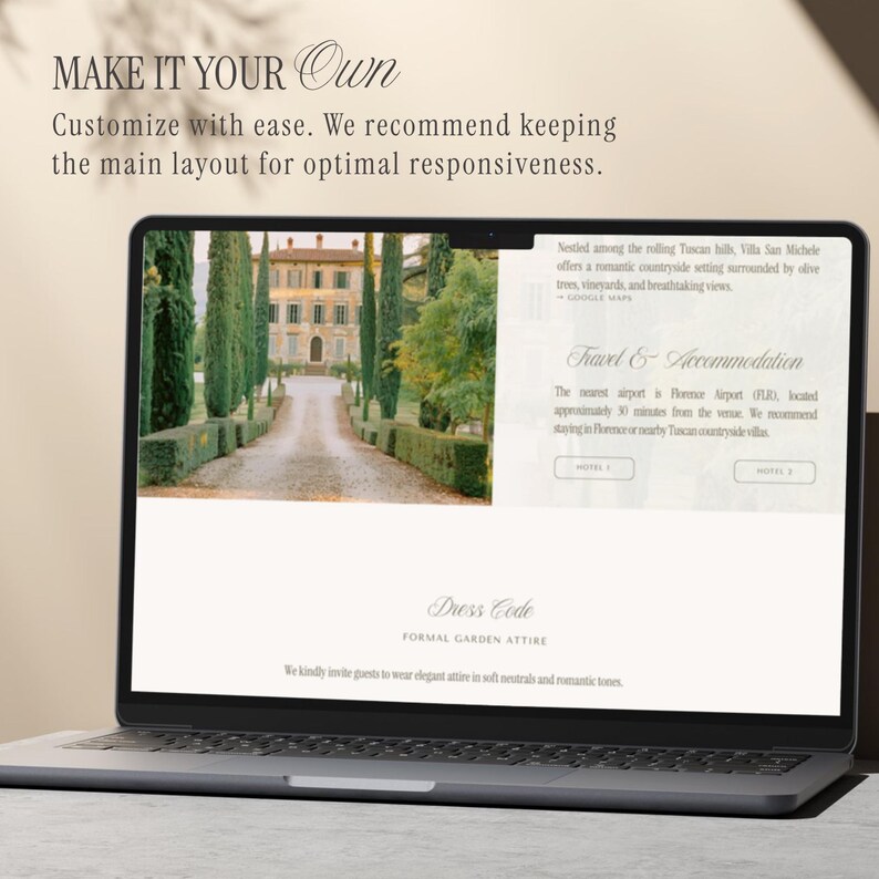 May include: A laptop screen displaying a website template with the text MAKE IT YOUR Own, Customize with ease. We recommend keeping the main layout for optimal responsiveness. The screen shows a villa image, Travel & Accommodation, and Dress Code.