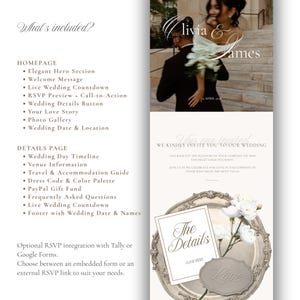 May include: A digital wedding website template featuring a hero section with a couple, a list of included features like a countdown and RSVP, and a details page layout with a silver platter graphic, white flowers, and the text The Details and Love.