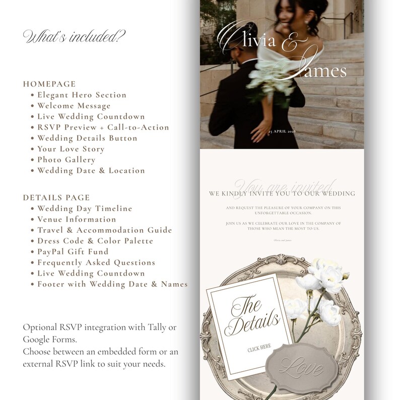 May include: A digital wedding website template featuring a hero section with a couple, a list of included features like a countdown and RSVP, and a details page layout with a silver platter graphic, white flowers, and the text The Details and Love.