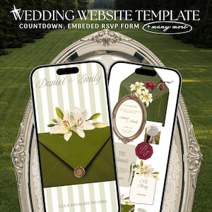 May include: A digital wedding website template displayed on two smartphones, featuring a green envelope with white lilies, a wax seal, and the text Daniel & Emily. The interface includes a countdown, RSVP form, and event details.