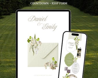 Green Silver Wedding Website Template with RSVP | Editable Canva French Italian Garden Digital
