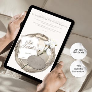 May include: A digital tablet displaying a wedding invitation template with the text "We kindly invite you to our wedding," "The Details," and "Love." The design features a vintage-style ornate frame, white floral illustrations, and two circular badges stating "20+ pgs PDF Guide" and "+ 100 Wedding Illustrations."