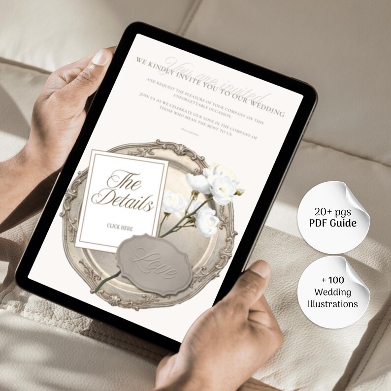 May include: A digital tablet displaying a wedding invitation template with the text "We kindly invite you to our wedding," "The Details," and "Love." The design features a vintage-style ornate frame, white floral illustrations, and two circular badges stating "20+ pgs PDF Guide" and "+ 100 Wedding Illustrations."