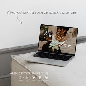 May include: A silver laptop displaying a wedding website with the names Olivia & James in white script. Text above reads Optional GOOGLE FORM OR EMBEDDED RSVP FORM. Text below reads AND LIVE COUNTDOWN TO YOUR BIG DAY with 21 Months, 46 Days, 08 Hours, 15 Minutes, 56 Seconds.