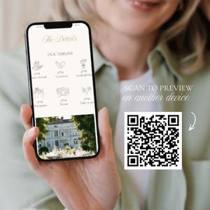 May include: A smartphone screen displaying a wedding timeline titled The Details with icons for arrival, ceremony, cocktail hour, reception, dinner, and party, alongside a photo of a manor. A QR code is visible with the text SCAN TO PREVIEW on another device.