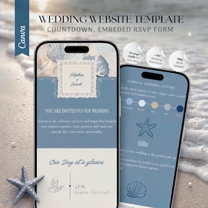 Puede incluir: Una plantilla de sitio web de bodas digital mostrada en dos teléfonos inteligentes, con un esquema de color azul y crema y gráficos de conchas marinas. El texto incluye Wedding Website Template, Stephan & Sarah, You Are Invited To Our Wedding y Our Day at a glance, junto con insignias circulares para una guía de 20 páginas, 100 ilustraciones de boda y un banner RSVP gratuito.