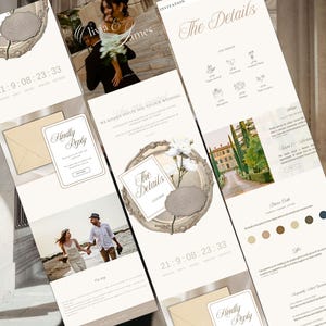 May include: A digital wedding invitation suite featuring a countdown timer, photographs of a couple, and sections labeled The Details, Kindly Reply, and Our Story. The design includes ornate vintage-style frames, white floral illustrations, and elegant serif typography on a cream-colored background.