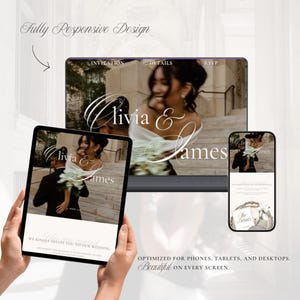 May include: A digital wedding invitation template displayed on a laptop, tablet, and smartphone screen. The design features a photograph of a couple, the text Olivia & James, and navigation links for Invitation, Details, and RSVP.