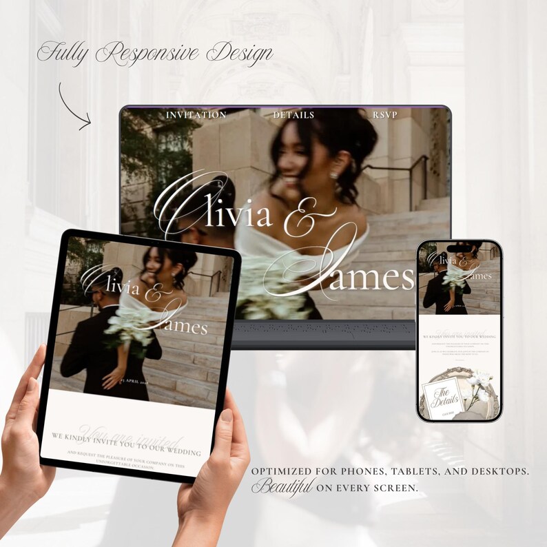 May include: A digital wedding invitation template displayed on a laptop, tablet, and smartphone screen. The design features a photograph of a couple, the text Olivia & James, and navigation links for Invitation, Details, and RSVP.