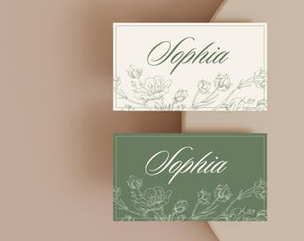 Boho Rustic Place Card Template, Dark Green Birthday Party, Editable Name Card (Instant Download)