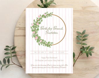 Romantic Birthday Invitation Template, Editable Canva, Soft Botanical Card, Feminine Printable & Mobile Invitation