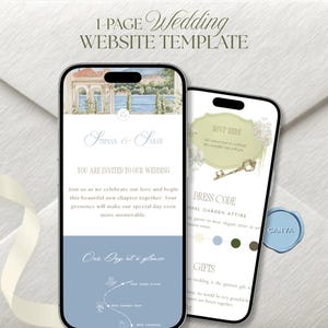 May include: Two smartphones displaying a 1-page wedding website template. The screens show text including Stephan & Sarah, You Are Invited To Our Wedding, RSVP Here, and Dress Code, alongside illustrations of a landscape, a key, and floral accents.