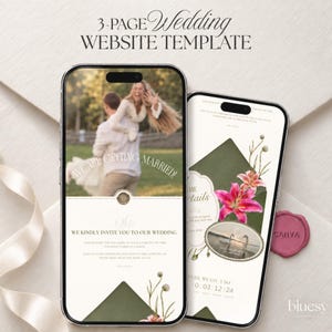 Pink, Ivory & Green Floral Wedding Website Template | Editable Canva with RSVP Countdown | Digital Download