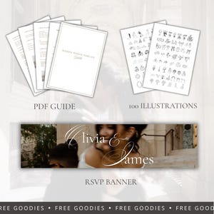 May include: A digital wedding website template kit including a PDF guide, a collection of 100 black and white line art illustrations, and a rectangular RSVP banner featuring the text Olivia & James in a white elegant script font.