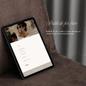 May include: A tablet displaying a digital wedding RSVP form with the text "Kindly Reply" and "Olivia & James" at the bottom. The screen shows input fields for full name, attendance, guest count, meal preference, and a message for the couple.