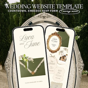 May include: Two smartphones display a wedding website template featuring the text 'Luca and June', a green envelope with lace trim and a wax seal, a countdown, an embedded RSVP form, and decorative floral elements against a silver mirror background.