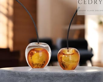 Crystal Glass Cherry Decor Ornament, K9 Glass Fruit Figurine, Modern Home Accent