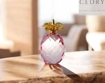 Pink Crystal Glass Pineapple Figurine, Brass Accents, Tropical Decor