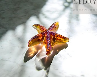 Iridescent Orange Glass Starfish Figurine, Tropical Decor
