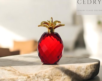 Red Crystal Glass Pineapple Figurine, Brass Accent, Tropical Decor