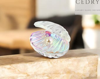 Iridescent Glass Clam Shell Figurine with Pearl, Crystal Glass Paperweight, Ocean Beach Decor, Handmade Glass Shell Sculpture, Coastal Gift