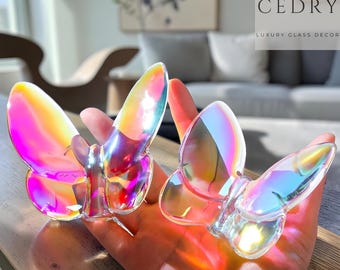 Iridescent Glass Butterfly Ornament, K9 Crystal Pink Butterfly Figurine, Insect Nature Inspired Gift, Unique Desktop Home Office Decor