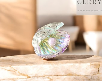 Iridescent Glass Clamshell Figurine, K9 Crystal Paperweight, Beachy Decor